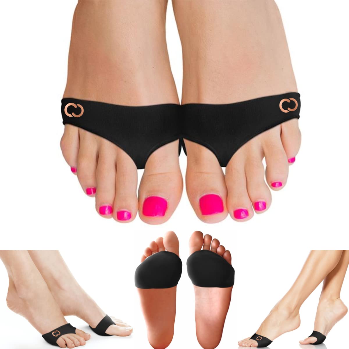 Copper Compression metatarsal pads on the right foot inside a shoe offer ball-of-foot support.