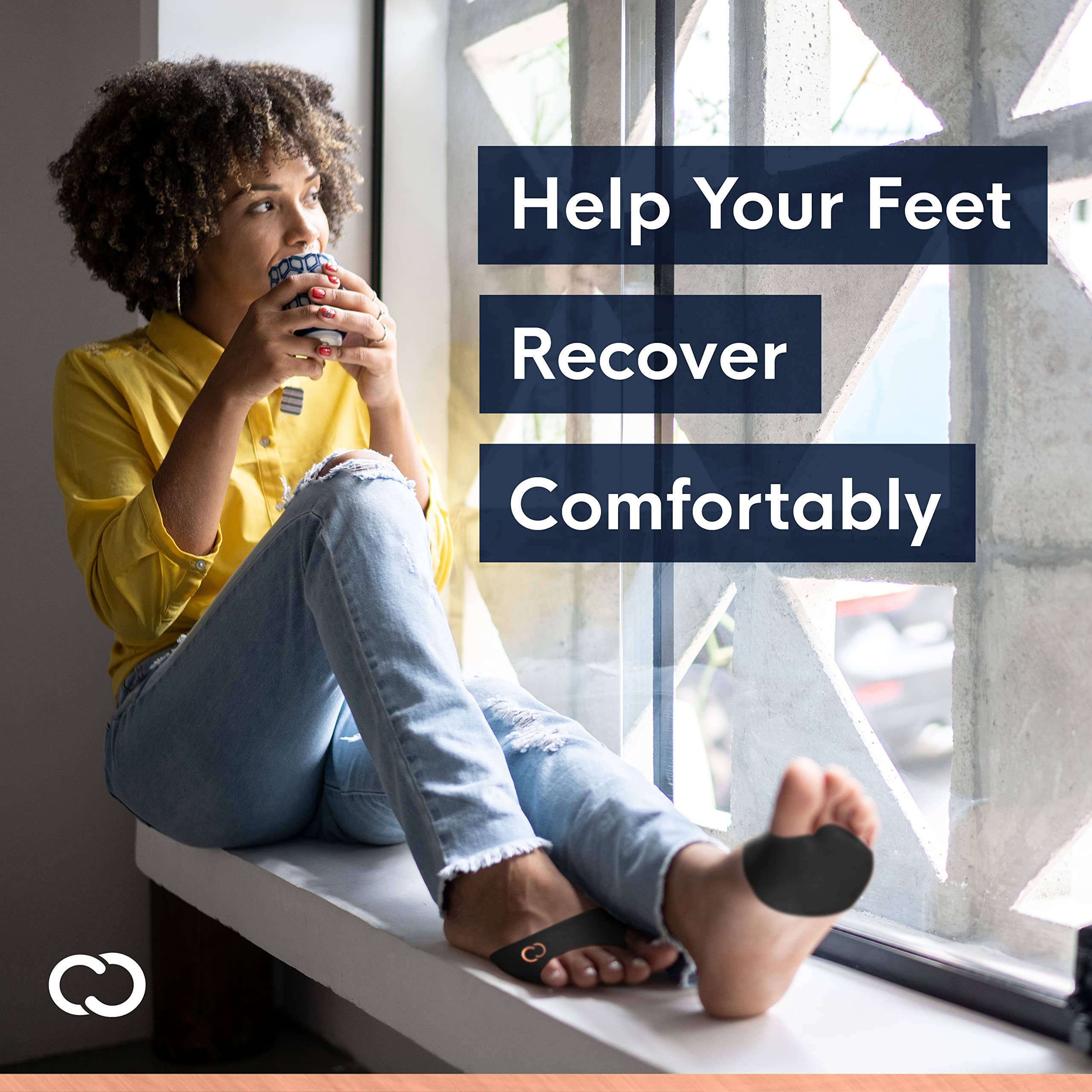 Copper Compression metatarsal pads inside sneakers reduce foot fatigue.