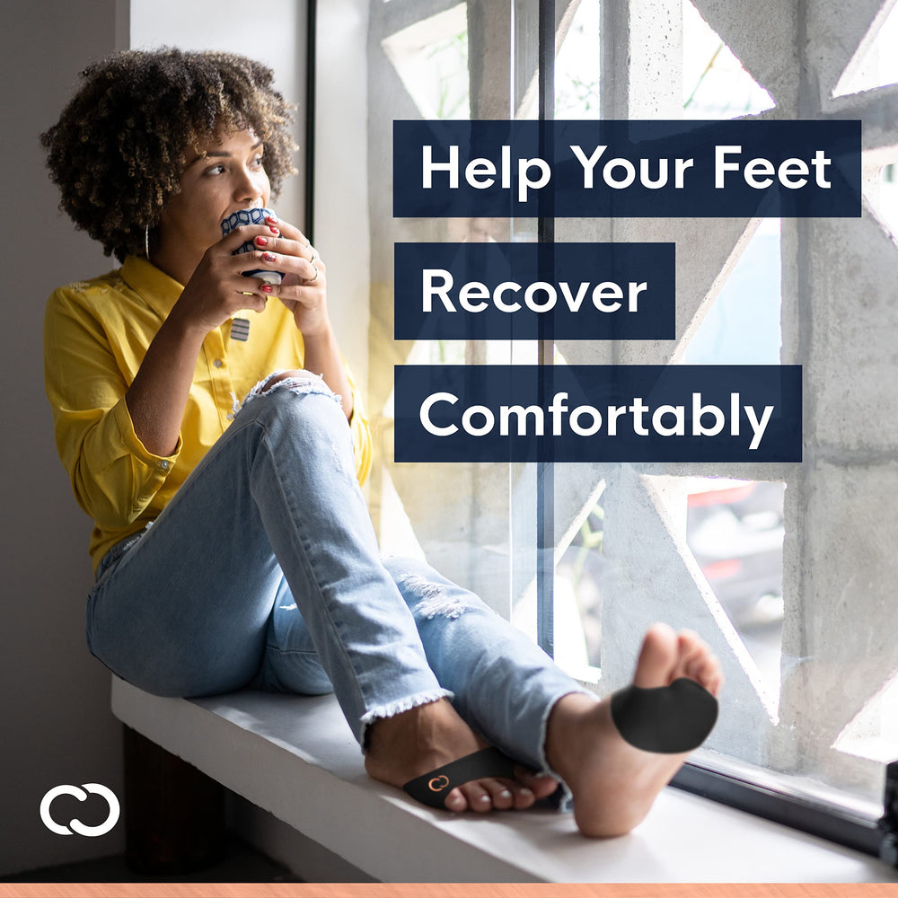 Copper Compression metatarsal pads inside sneakers reduce foot fatigue.