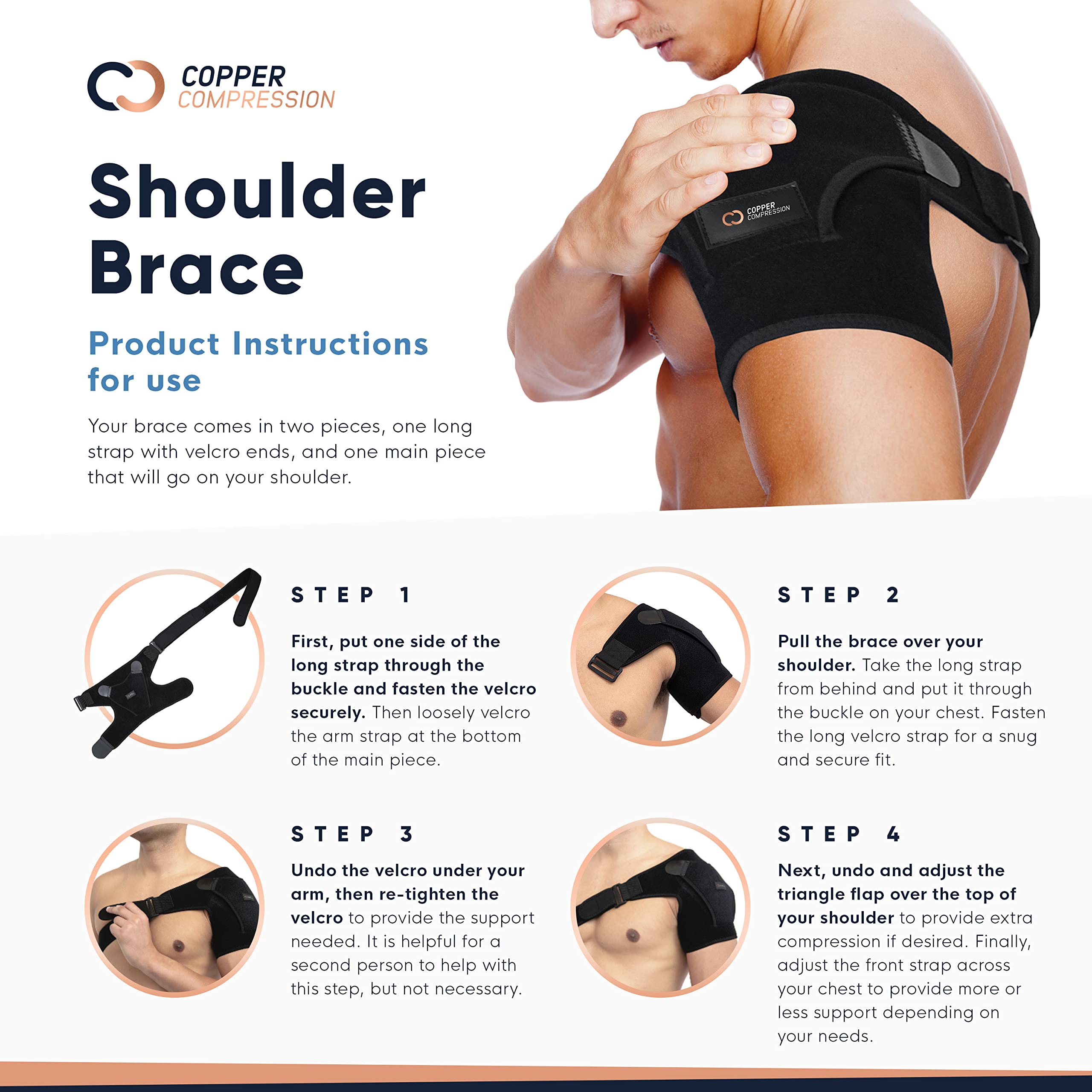 Copper Compression recovery brace supports both right and left shoulders for versatile use