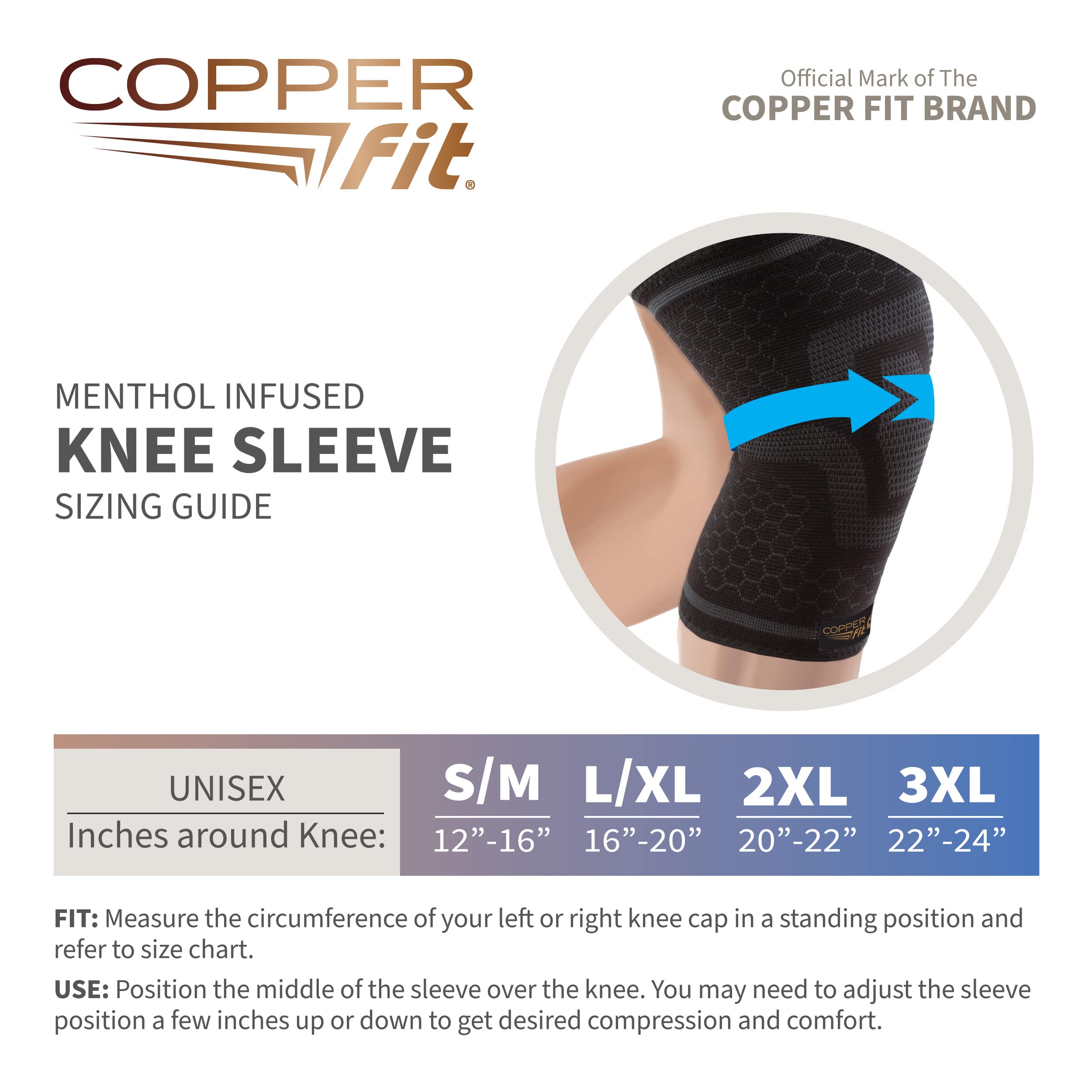Copper Fit Cool knee sleeve shows 3D-knitted compression for targeted support.