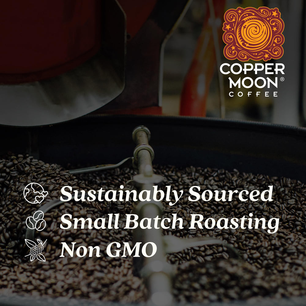 Copper Moon grounds in grinder ready to brew a smooth, bold cup.