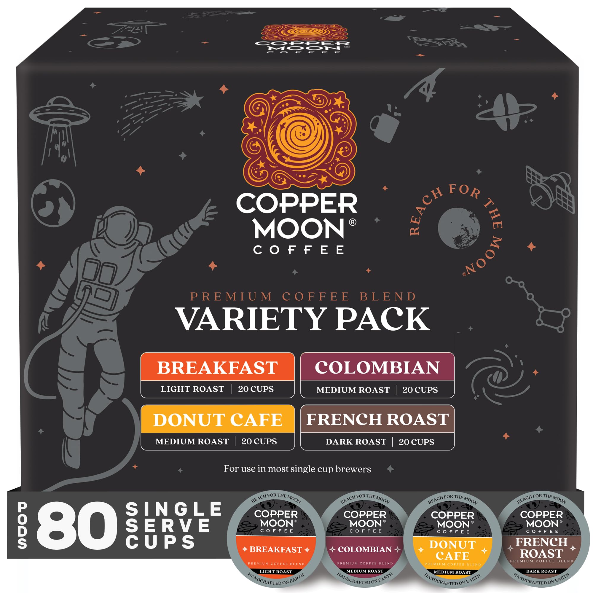 Copper Moon coffee pods packfront showing an 80-count box for quick Keurig brews.