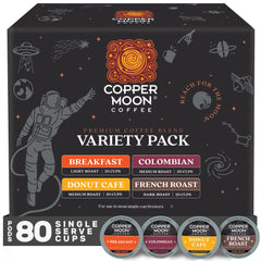 Copper Moon coffee pods packfront showing an 80-count box for quick Keurig brews.