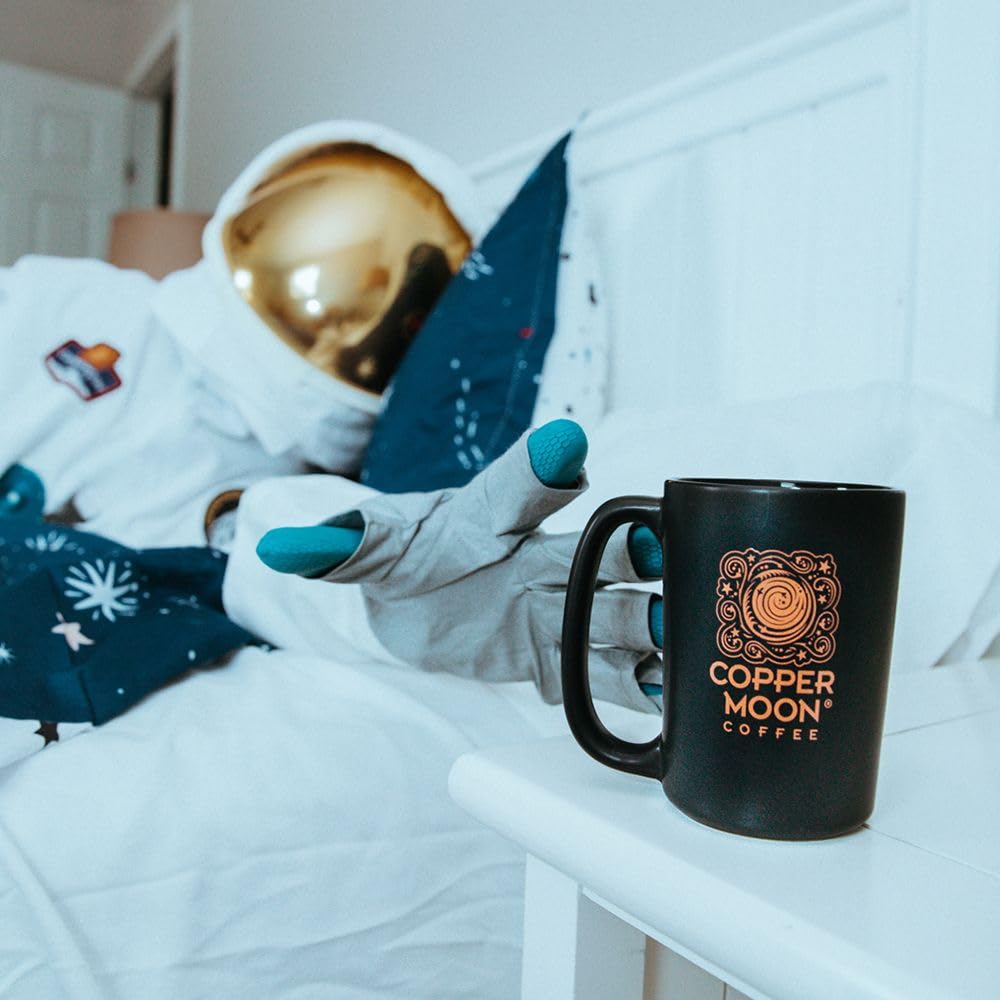 Copper Moon store shelf display showcases accessible whole bean coffee.