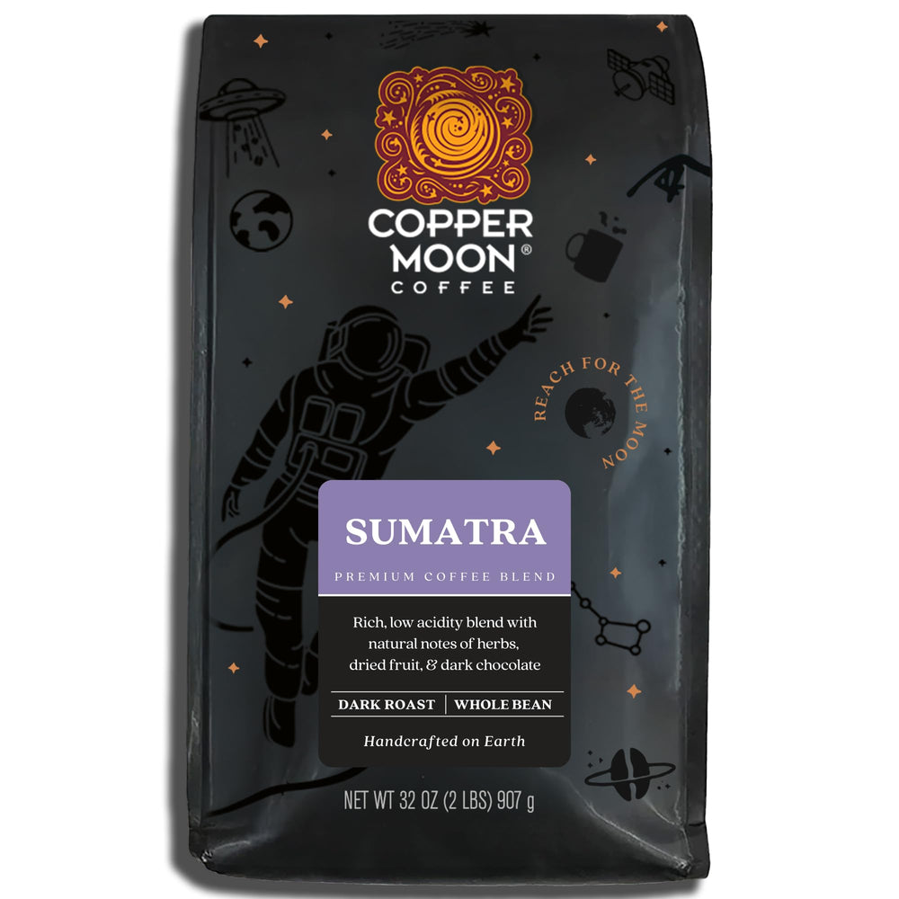 Copper Moon Dark Roast Sumatra bag with bold aroma for daily ritual.