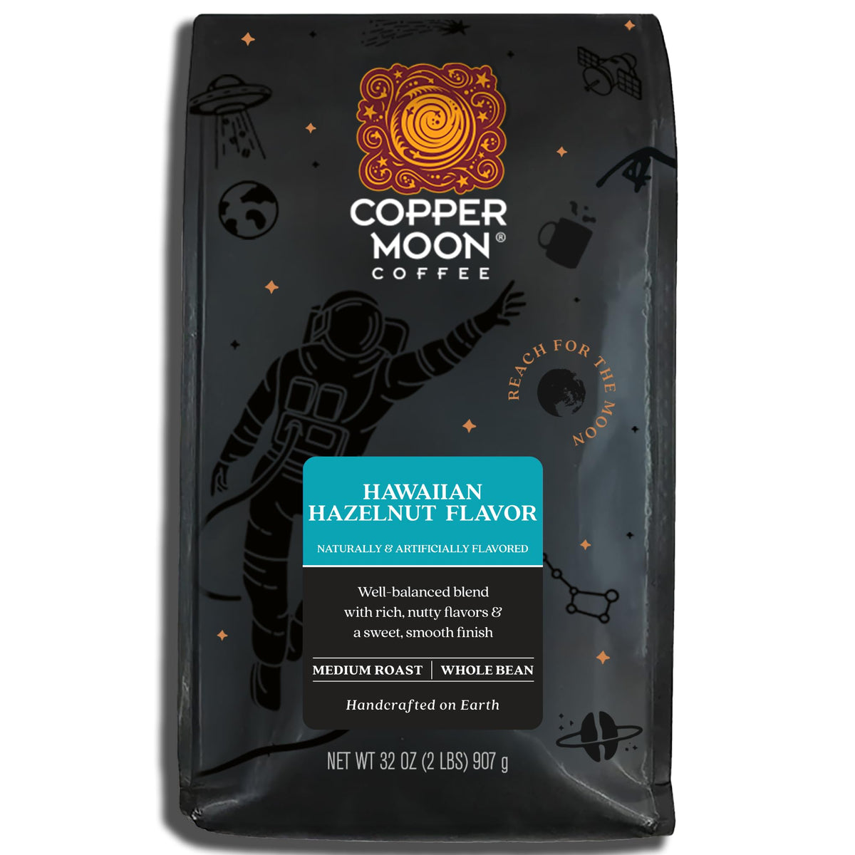 Copper Moon Hawaiian Hazelnut coffee bag highlighting rich tropical flavor for a smooth morning