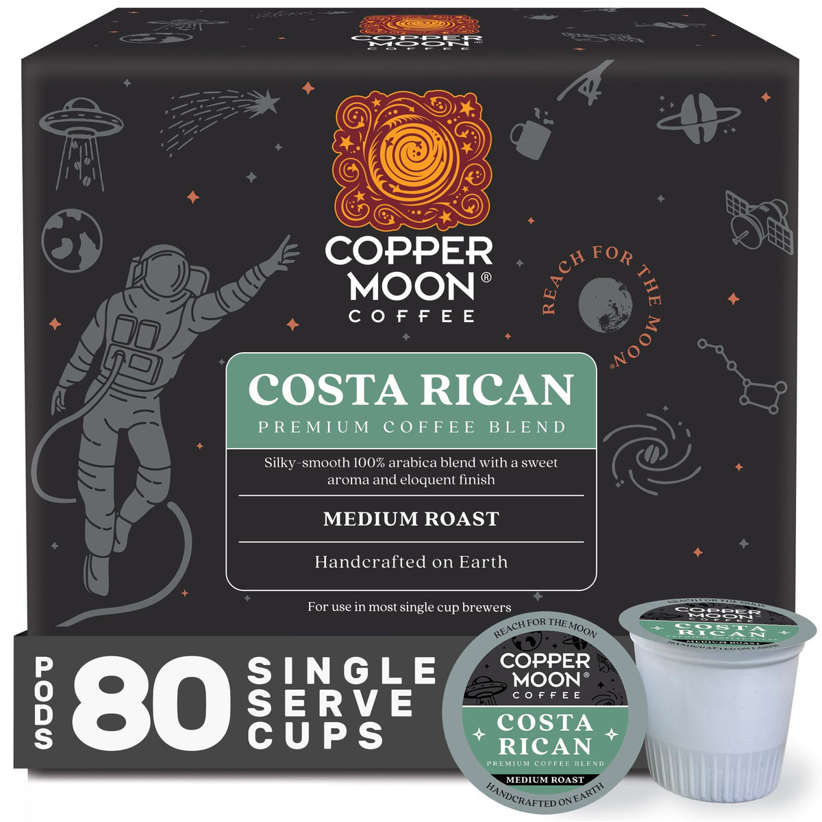 Copper Moon single-serve pod brew for Keurig machines, smooth Costa Rican flavor.