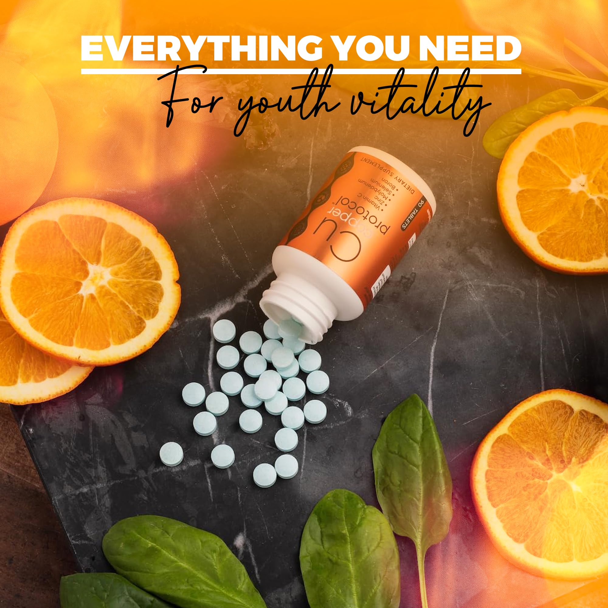 Copper Protocol bottle with fruit backdrop signals natural mineral support.