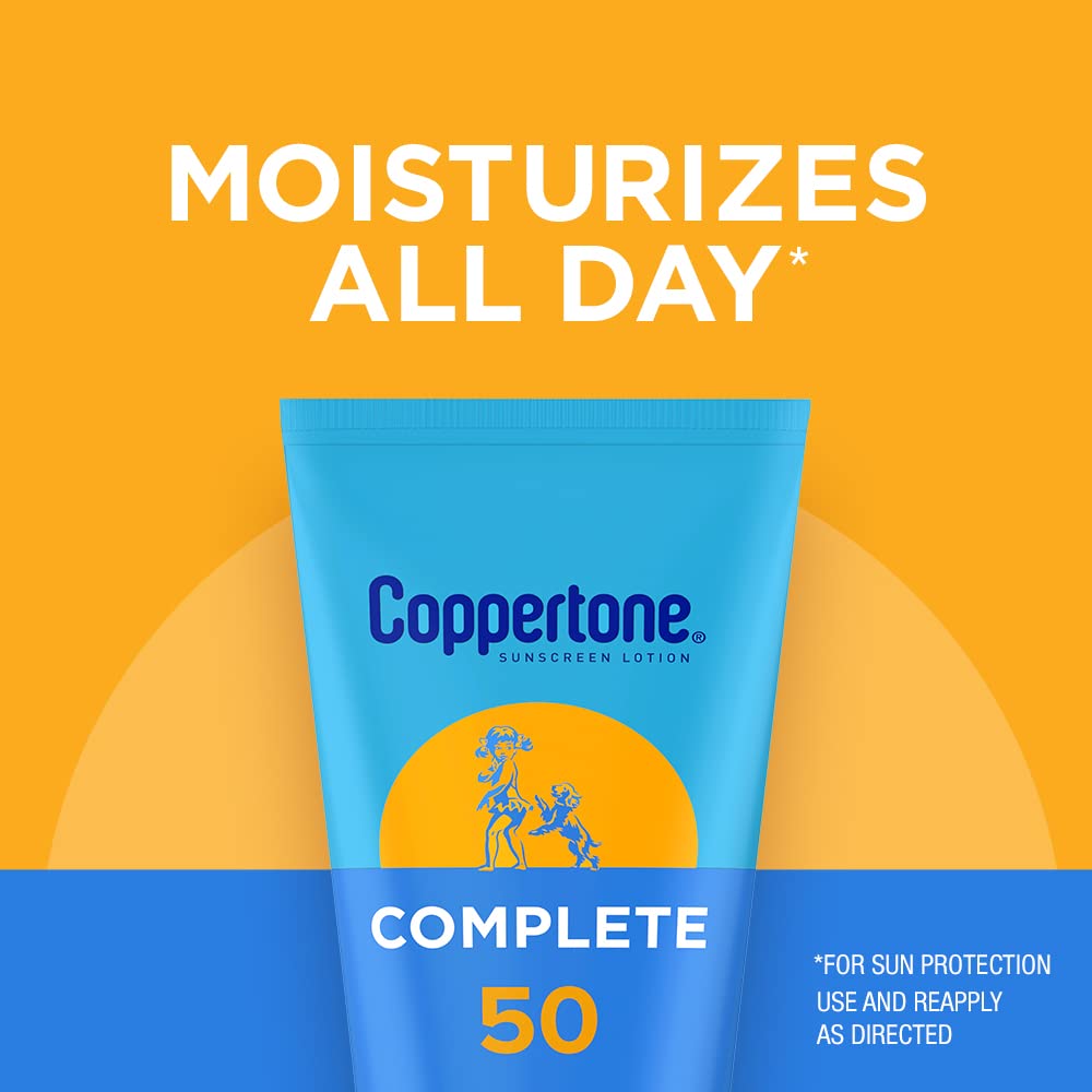 Coppertone Complete Sunscreen Lotion SPF 50 texture close-up reveals light, non-greasy feel