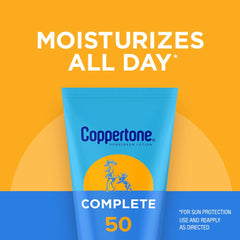 Coppertone Complete Sunscreen Lotion SPF 50 texture close-up reveals light, non-greasy feel