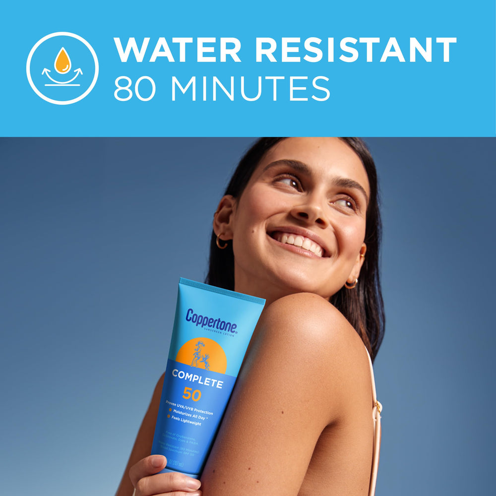 Coppertone Complete SPF 50 lotion outdoors highlights water resistance up to 80 minutes