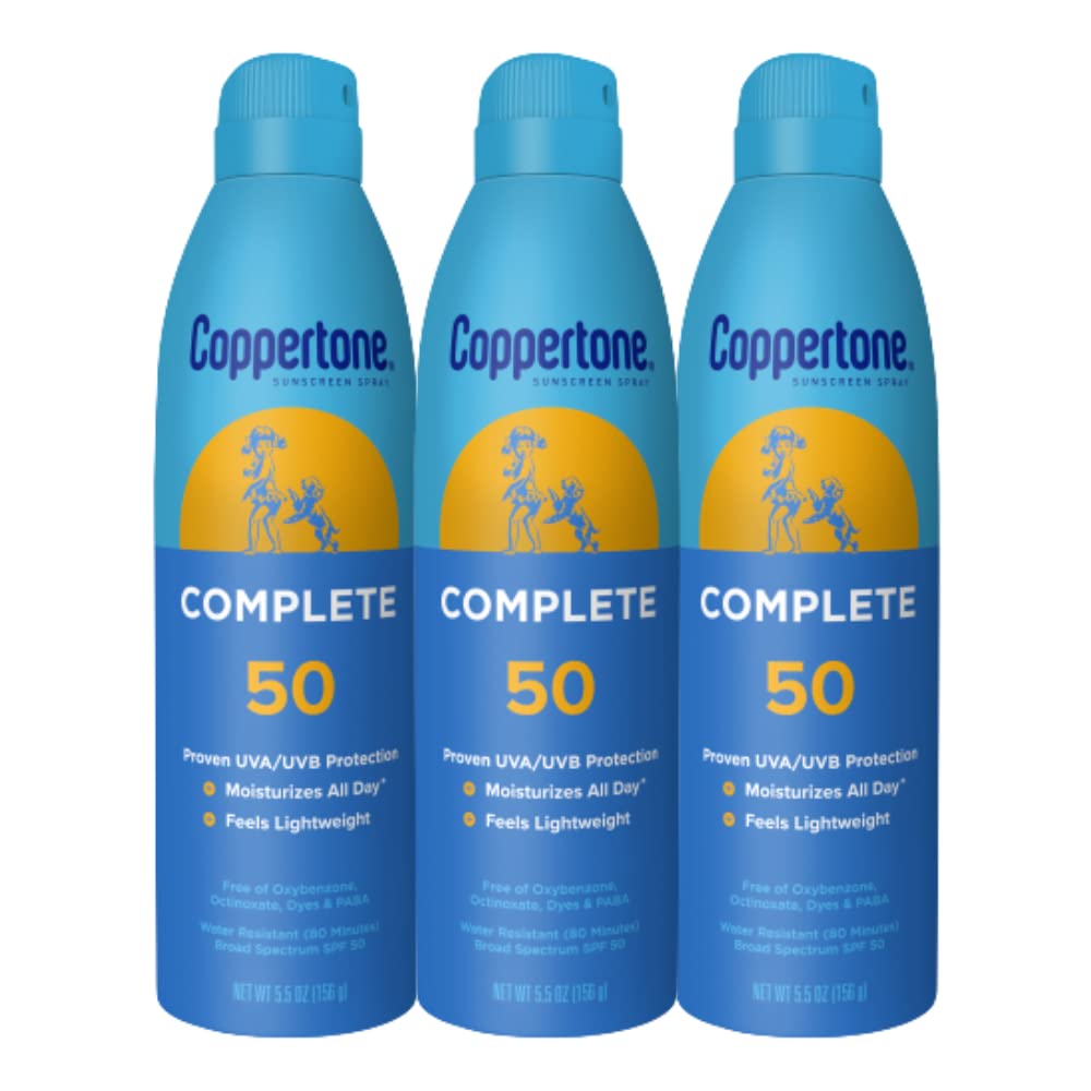 Coppertone Complete SPF 50 spray in a 3-pack for family sun protection on the go.