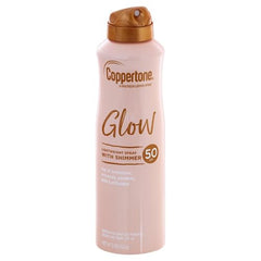 Coppertone Glow spray applying SPF 50 for easy sun protection