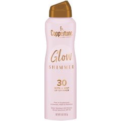 Coppertone Glow spray bottle for easy body protection with shimmer