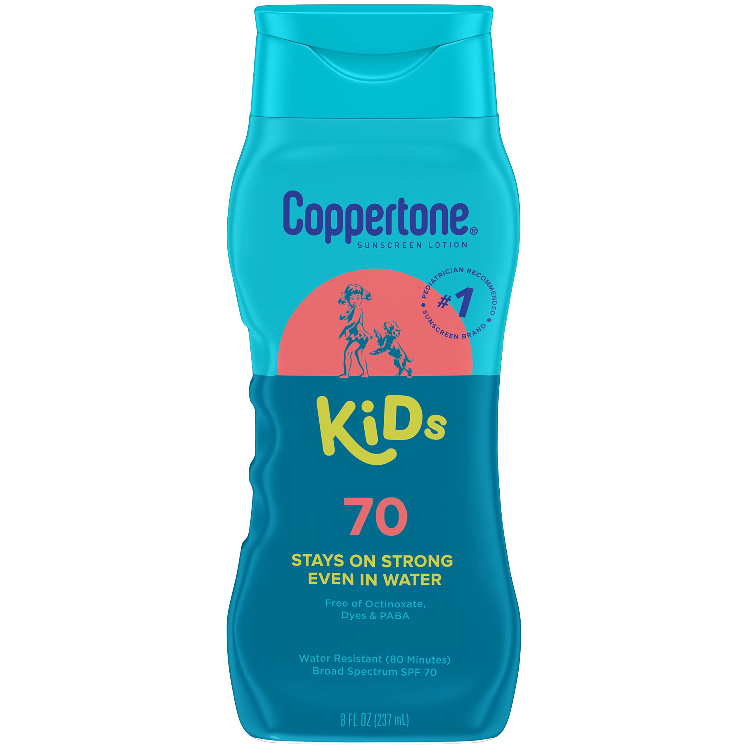 Coppertone Kids SPF 70 bottle 8 oz ready for sunny days; shows bottle focus.