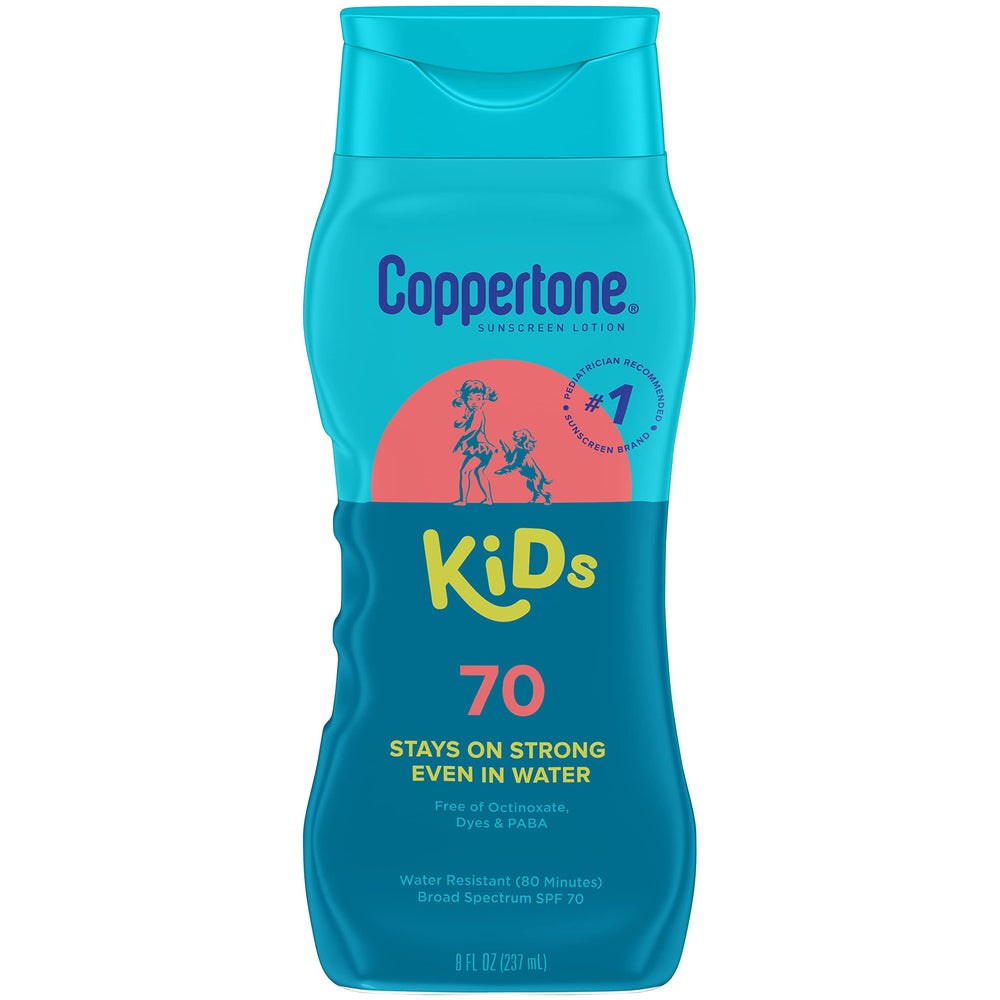 Coppertone Kids SPF 70 bottle 8 oz ready for sunny days; shows bottle focus.