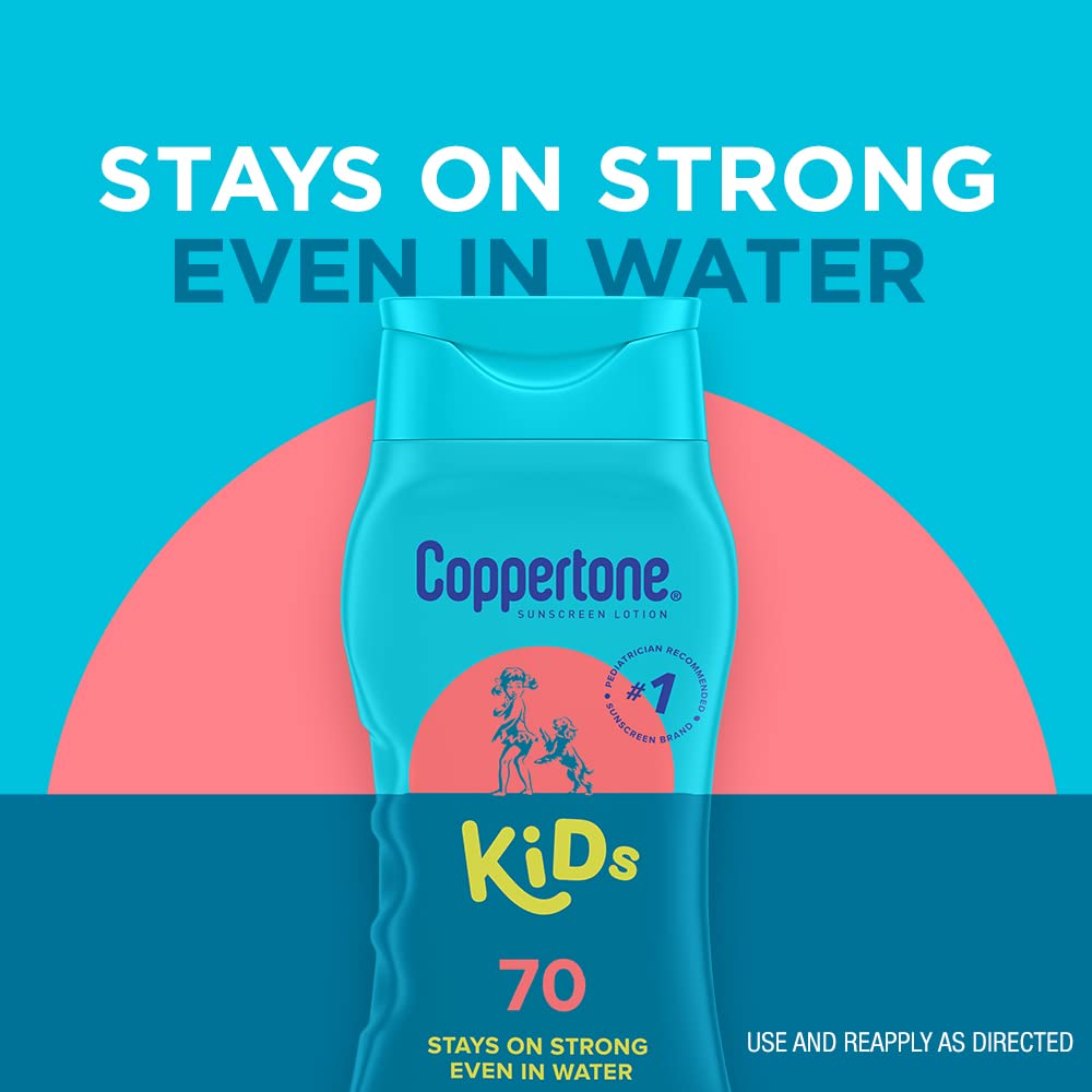 Coppertone Kids SPF 70 water-resistant bottle stays put during water activities.