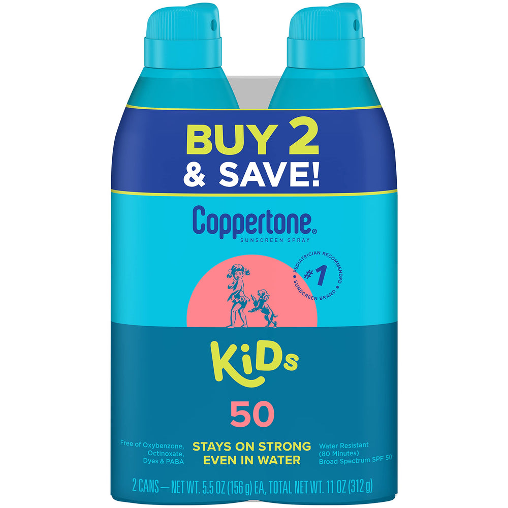 Coppertone Kids SPF 50 spray bottle angled for broad coverage during outdoor play