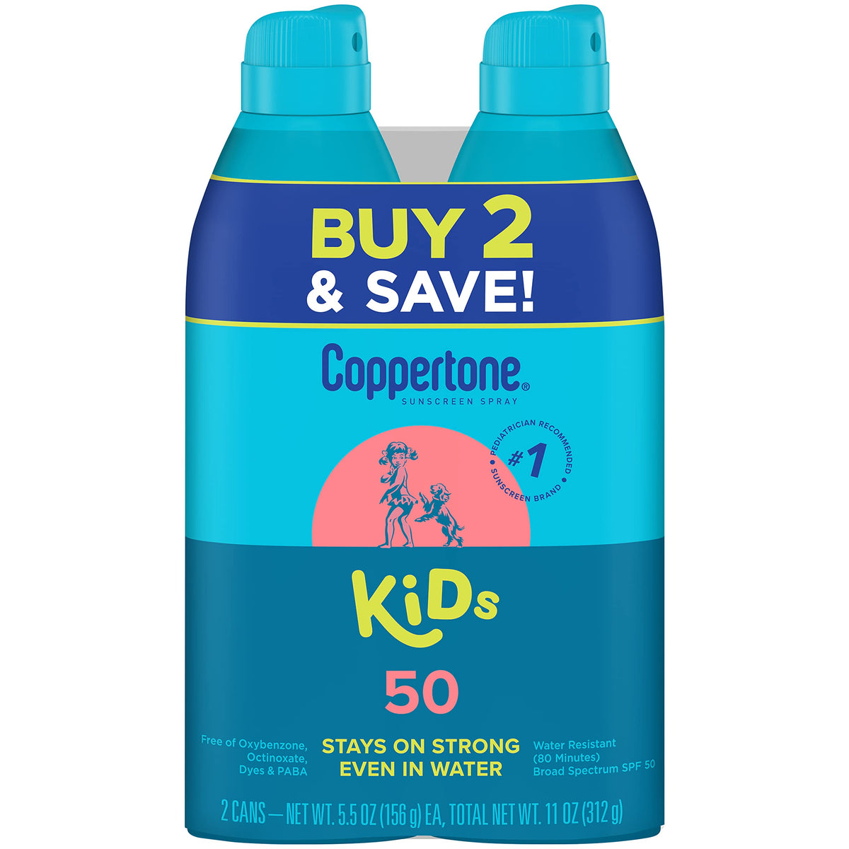 Coppertone Kids SPF 50 spray bottle angled for broad coverage during outdoor play