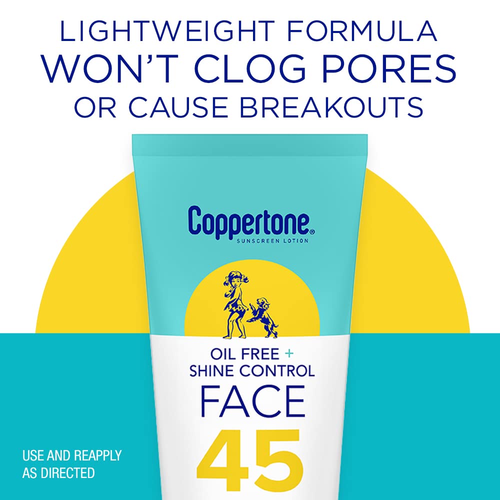 Coppertone Oil Free Face Lotion SPF 45 visible on skin with a natural, invisible finish.
