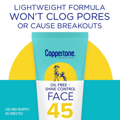 Coppertone Oil Free Face Lotion SPF 45 visible on skin with a natural, invisible finish.