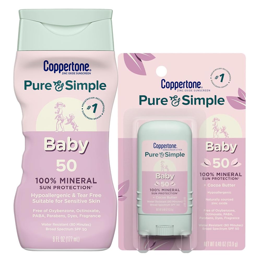 Coppertone Pure and Simple baby lotion SPF 50 bottle for gentle protection.
