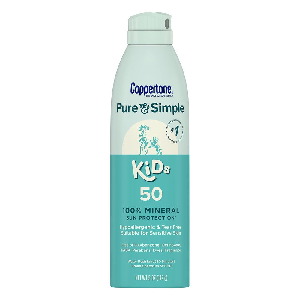 Coppertone Pure and Simple Kids Sunscreen Spray SPF 50 bottle offering gentle protection for sensitive skin