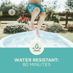 Water resistant 80 minutes label on kids sunscreen