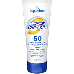 Coppertone Sport Mineral SPF 50 bottle front view for outdoor protection.