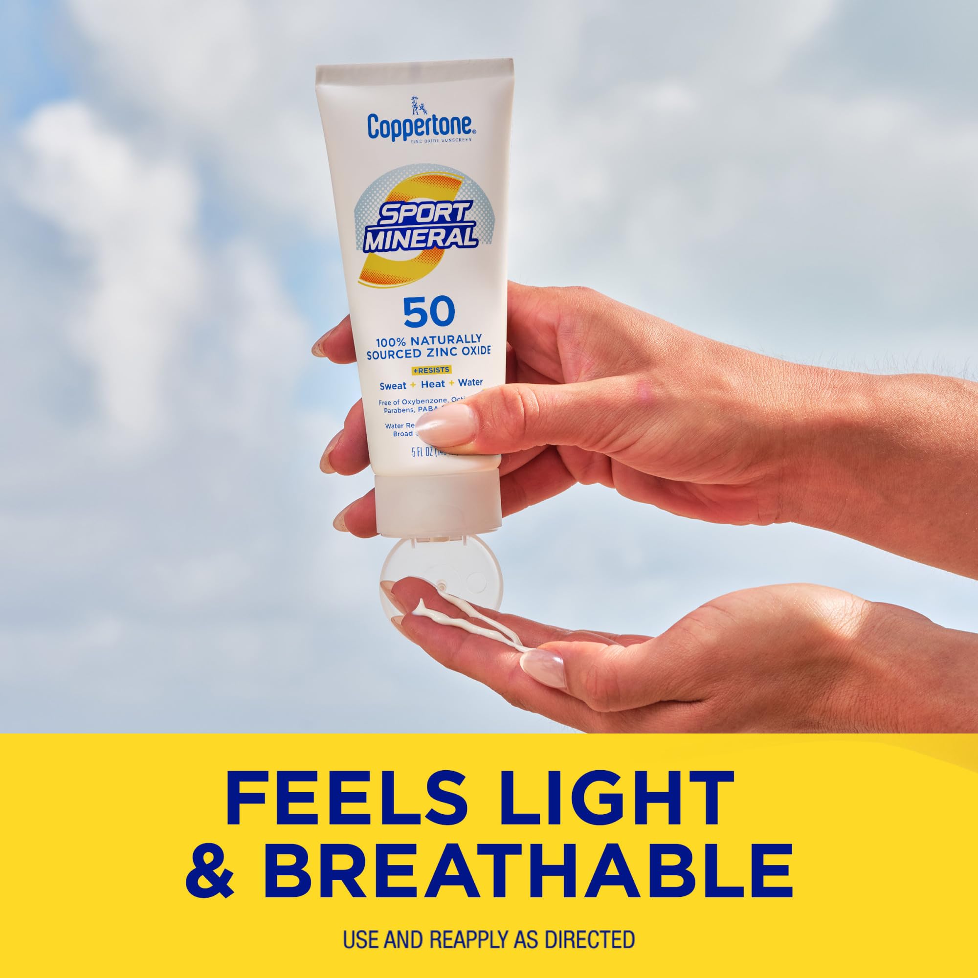 Coppertone Sport Mineral SPF 50 fragrance- and dye-free formula in view.