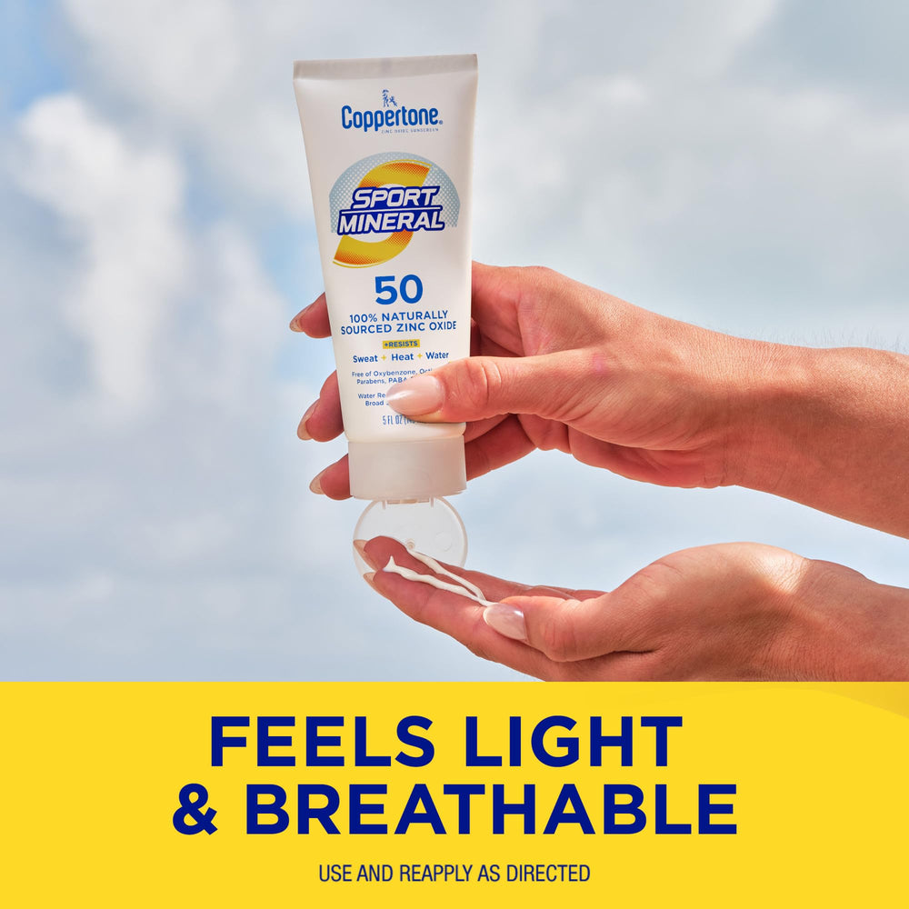 Coppertone Sport Mineral SPF 50 fragrance- and dye-free formula in view.