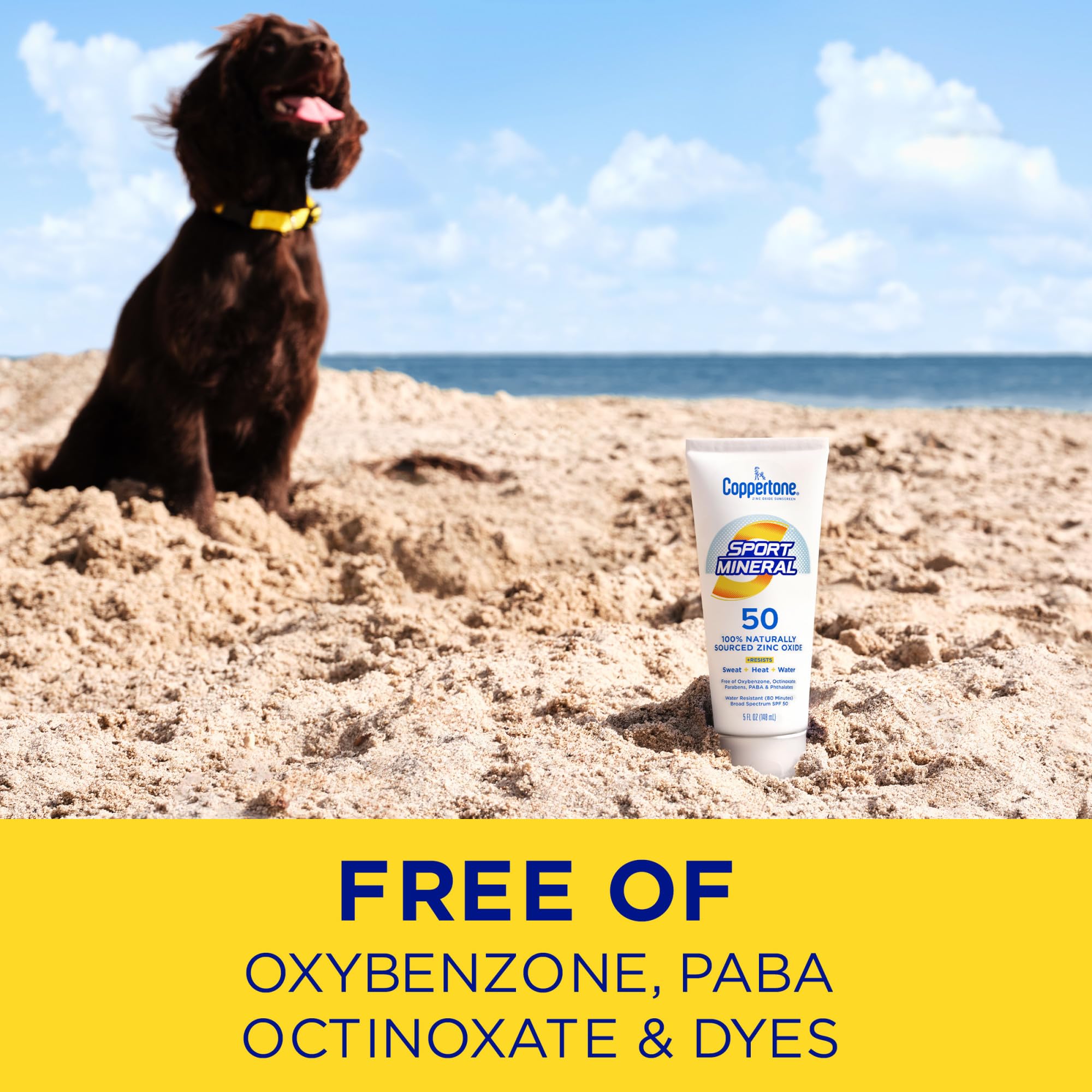 Coppertone Sport Mineral SPF 50 zinc oxide illustration highlights mineral protection.