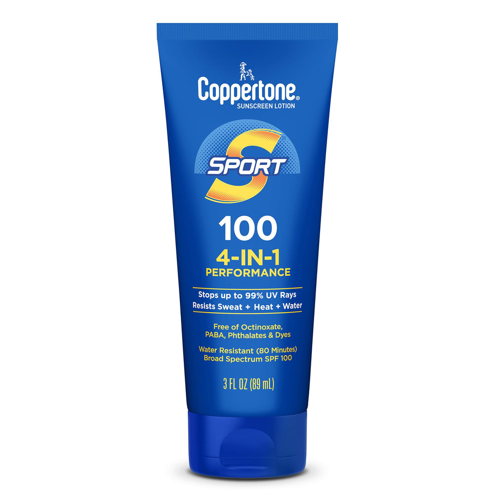 Coppertone Sport SPF 100 bottle close-up highlighting protective formula for active days.