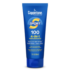 Coppertone Sport SPF 100 bottle close-up highlighting protective formula for active days.