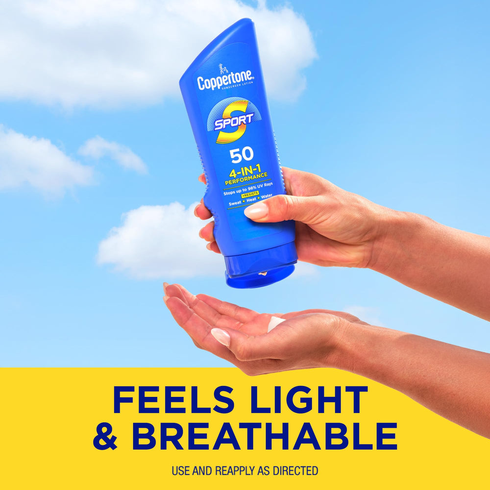 7-ounce bottle of Coppertone Sport sunscreen lotion on display.