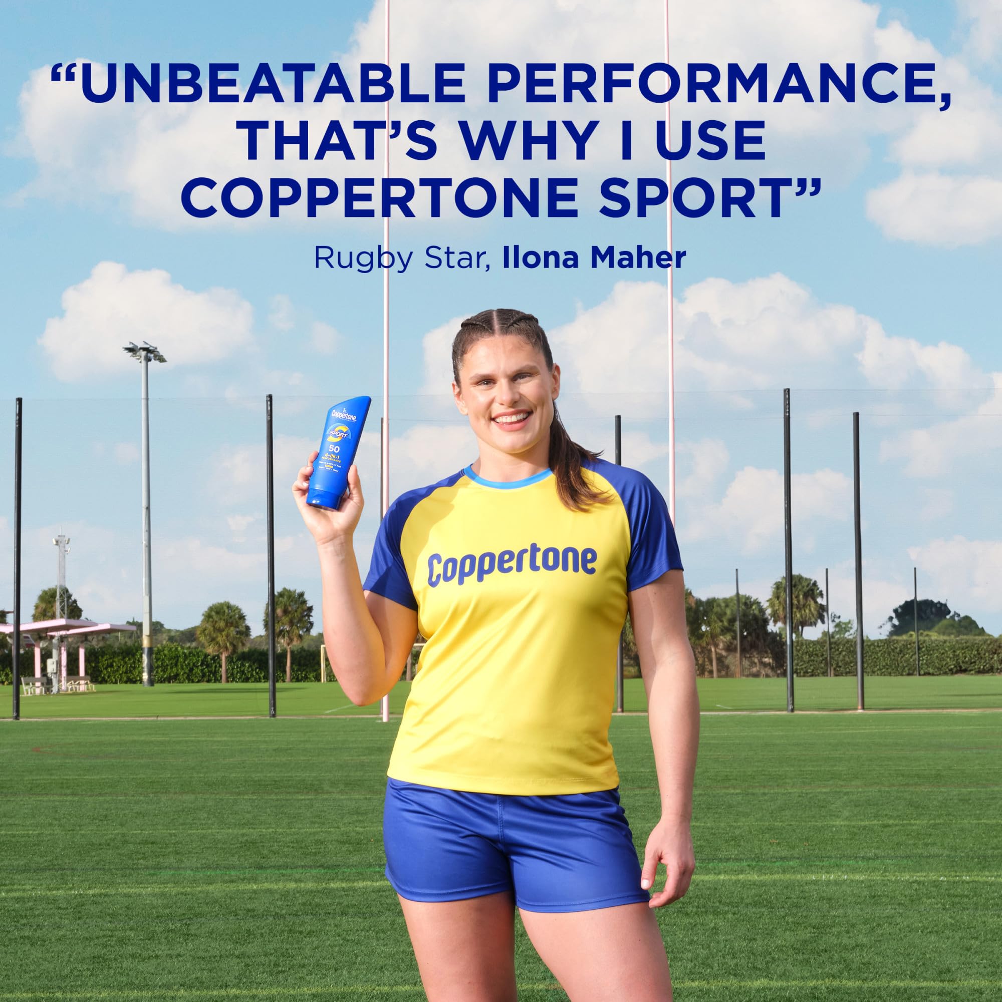 Coppertone Sport Sunscreen Lotion bottle back with label detailing water resistance and UVA/UVB protection.