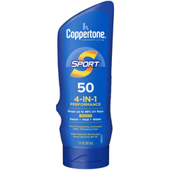 Coppertone Sport sunscreen lotion bottle front showing SPF 50 protection for sport.