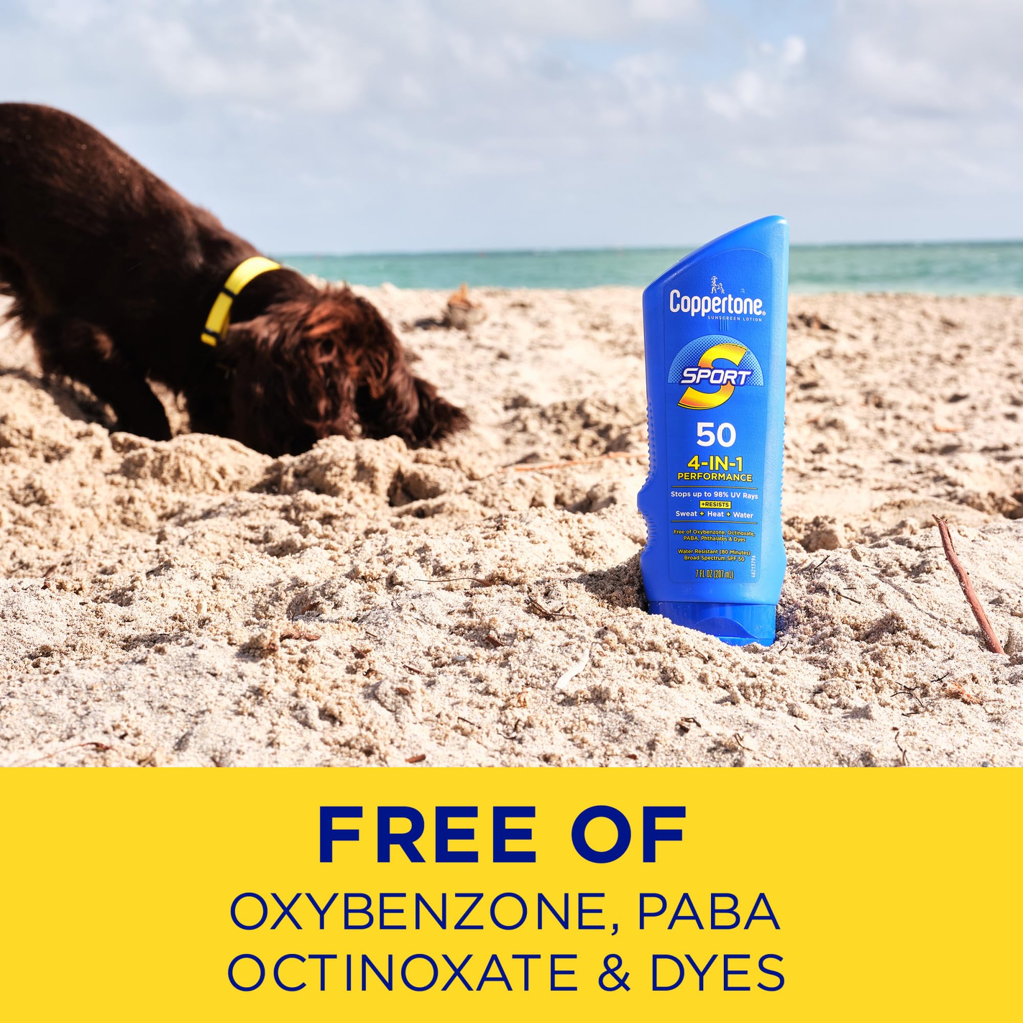 Dyes-free PABA-free Coppertone Sport sunscreen lotion packaging.