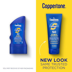 Coppertone Sport SPF 50 bottle closeup shows moisturizing formula with Vitamin E.