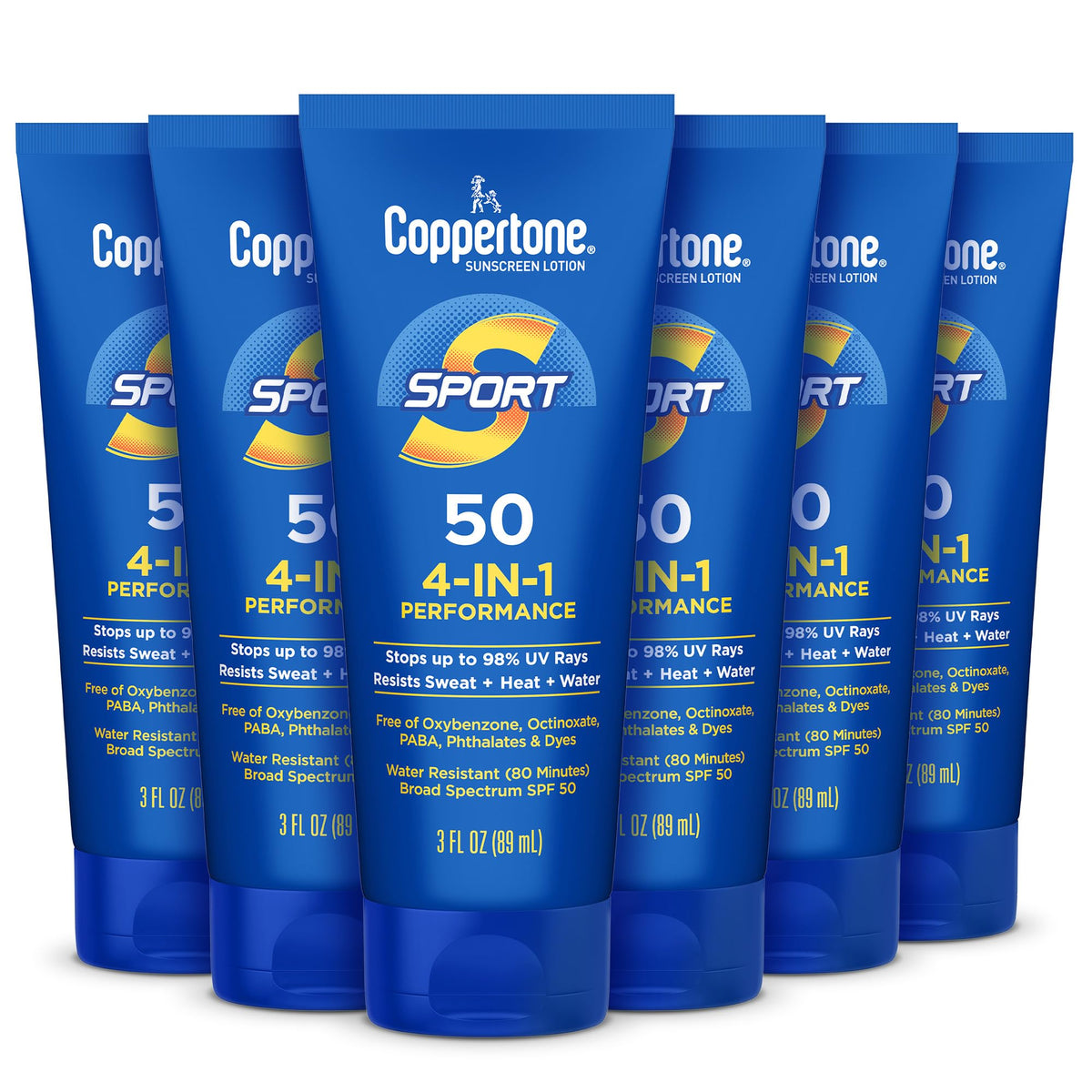 Coppertone Sport Sunscreen Lotion SPF 50 bulk six-bottle pack for on-the-go protection.