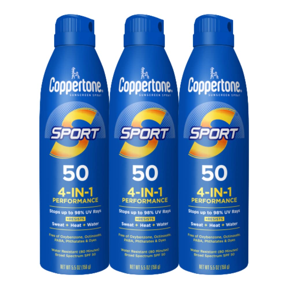 Coppertone Sport Sunscreen Spray bottle front view for outdoor protection.