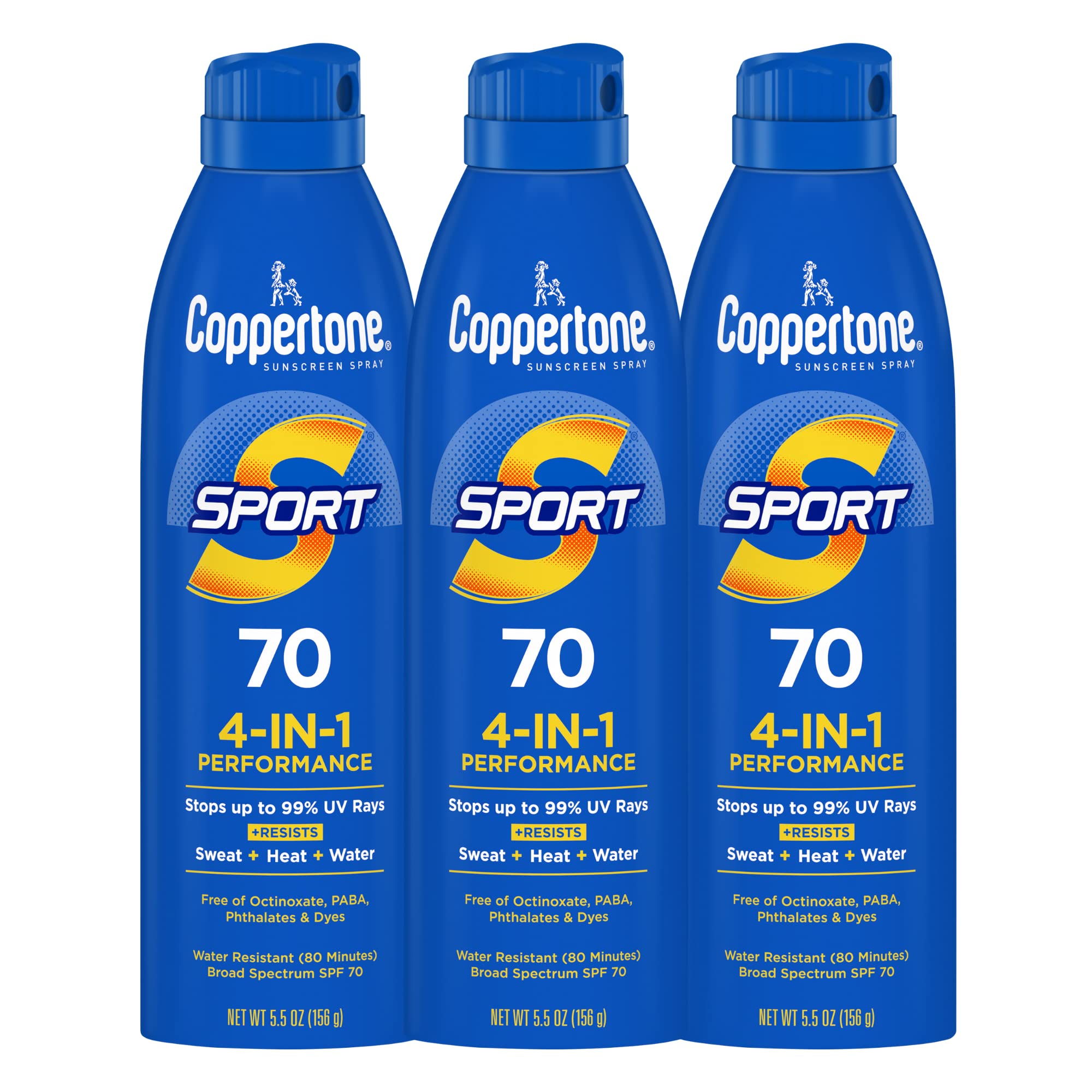 Coppertone Sport spray with continuous nozzle for easy angle application.