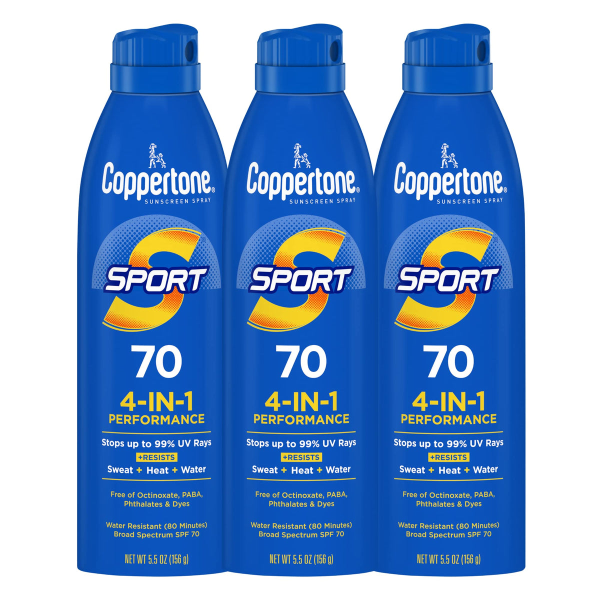 Coppertone Sport spray with continuous nozzle for easy angle application.