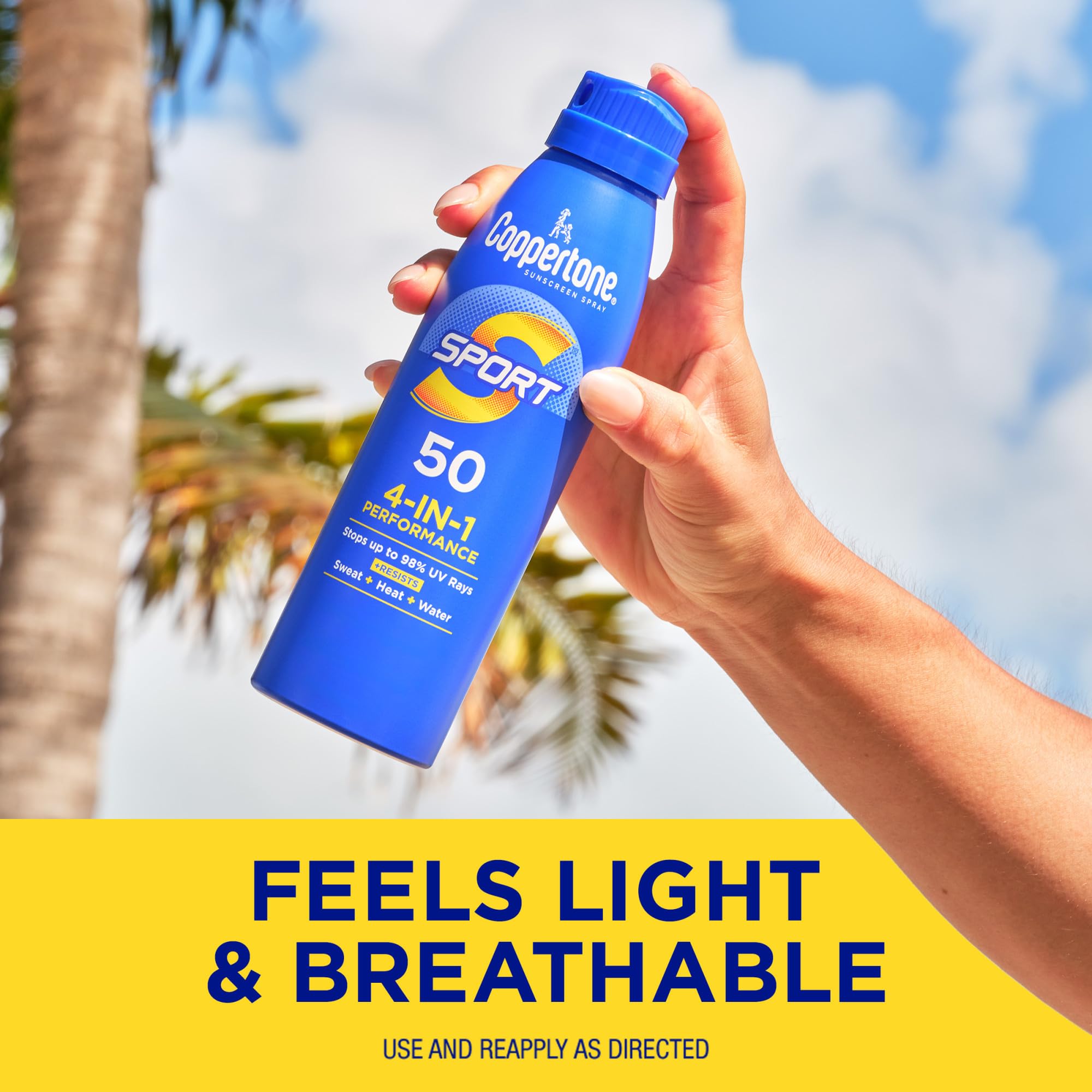 Coppertone Sport dye-free option visible on bottle.