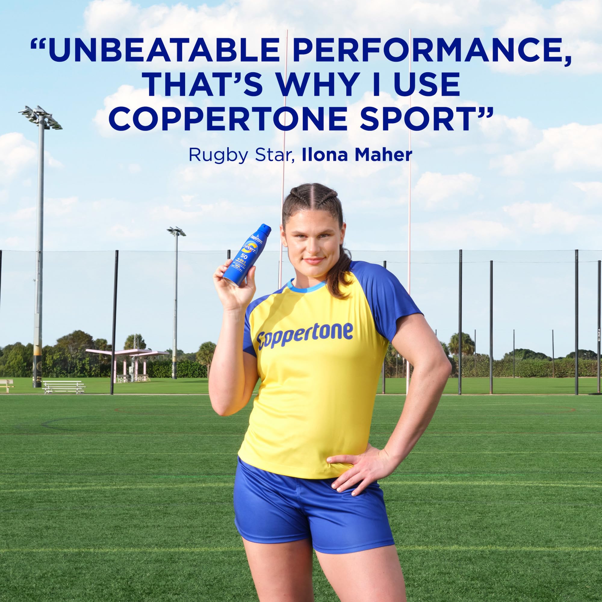 Coppertone Sport SPF 50 label highlights broad UVA/UVB protection.