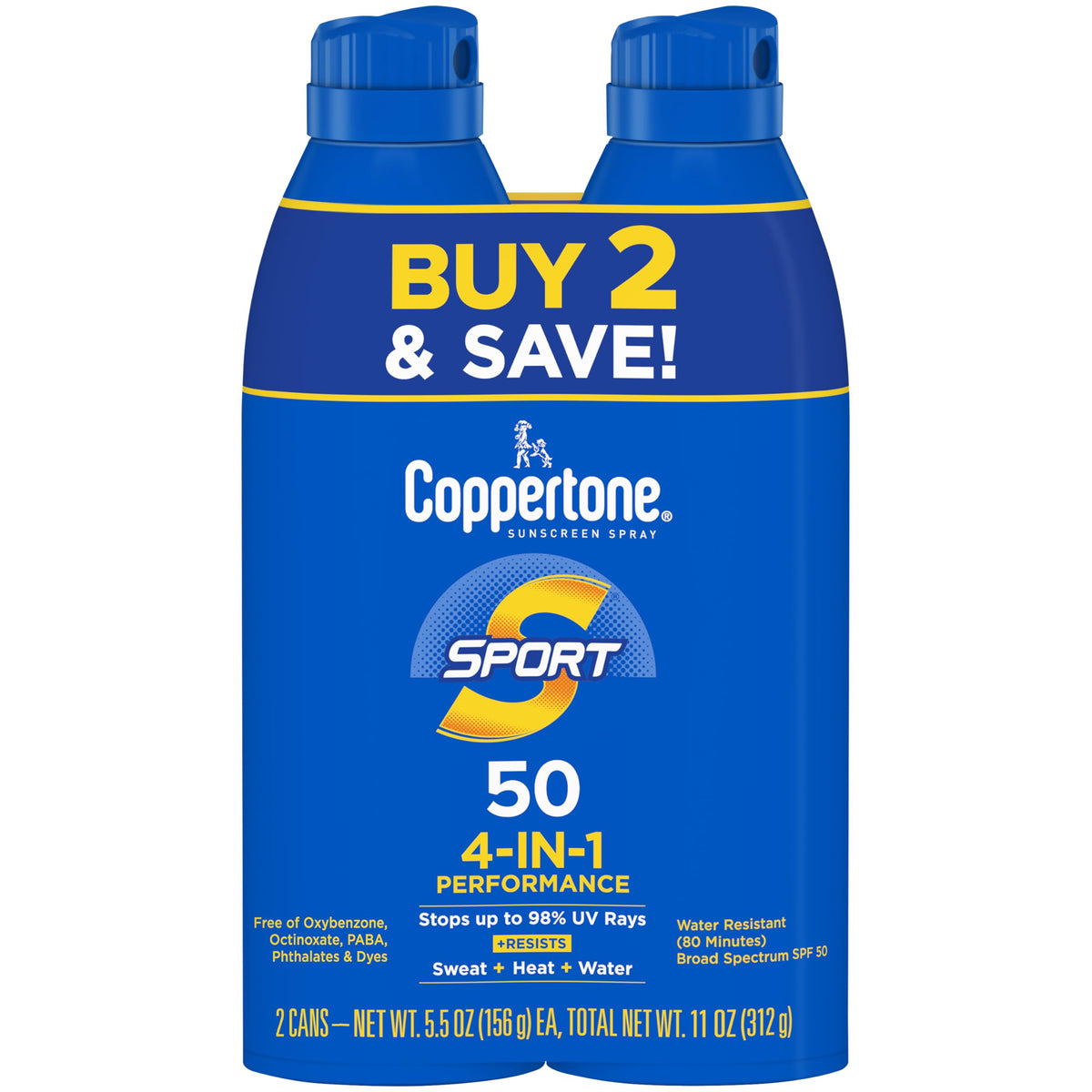 Coppertone Sport sunscreen spray side view 2-pack for easy outdoor sun protection