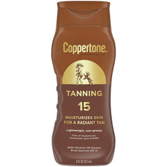 Coppertone Tanning Sunscreen Lotion SPF 15 bottle on a sunny beach for daily protection