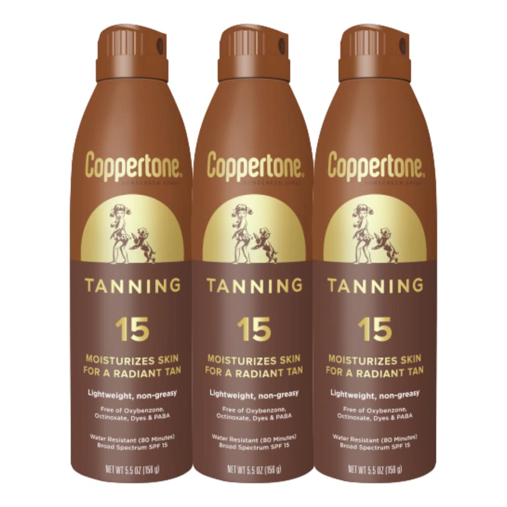 Coppertone tanning sunscreen spray SPF 15 delivers even coverage for outdoor adventures.
