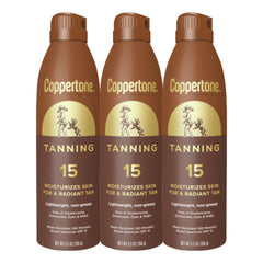 Coppertone tanning sunscreen spray SPF 15 delivers even coverage for outdoor adventures.